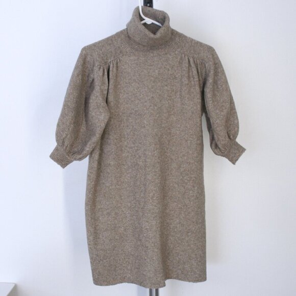 Zara Camel & Wool Blended Brown Turtleneck 3/4 Balloon Sleeve Sweater Dress Sz S - Picture 2 of 13